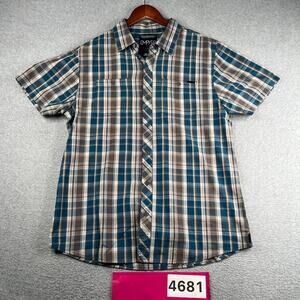 Empire Shirt Large Teal Gray Plaid Casual Classic Button Up Short Sleeve Mens